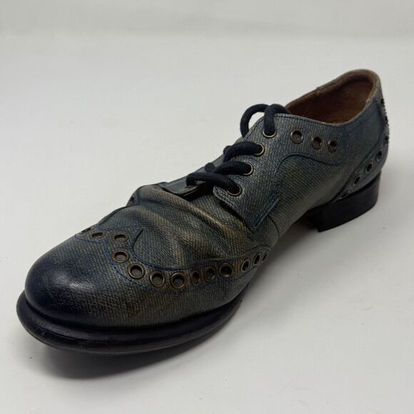 John Fluevog Pound Wingtip Derby Shoes Mens 8 M Blue Leather Denim Look Lace Up